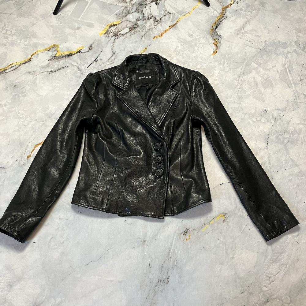 Nine West Leather Jacket Womens Size S Black Buttery Soft Button Front Vtg Biker
